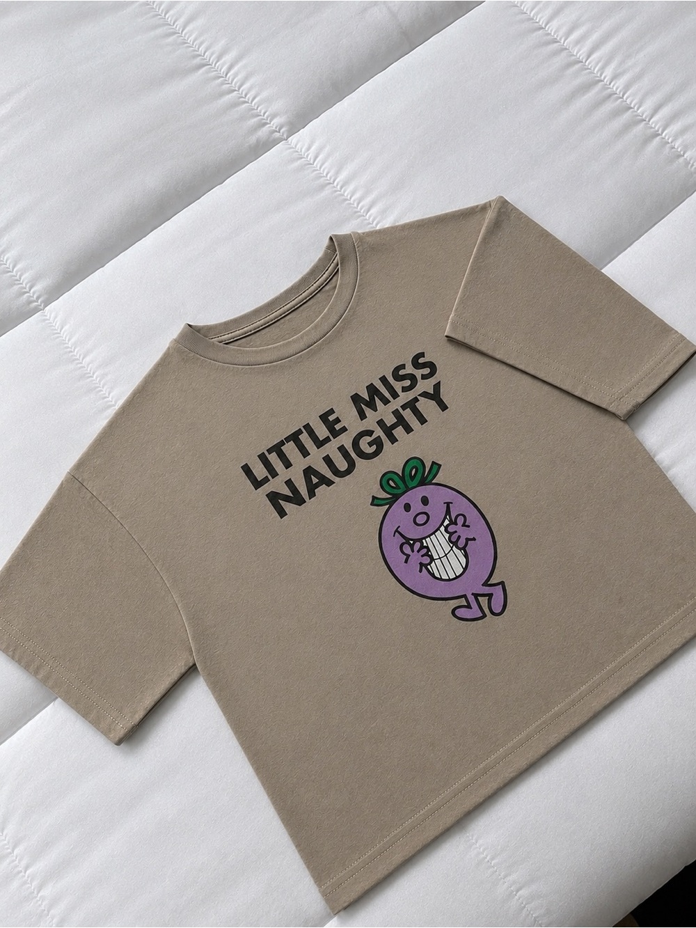 Little Miss Taupe cropped Tee with Purple Character